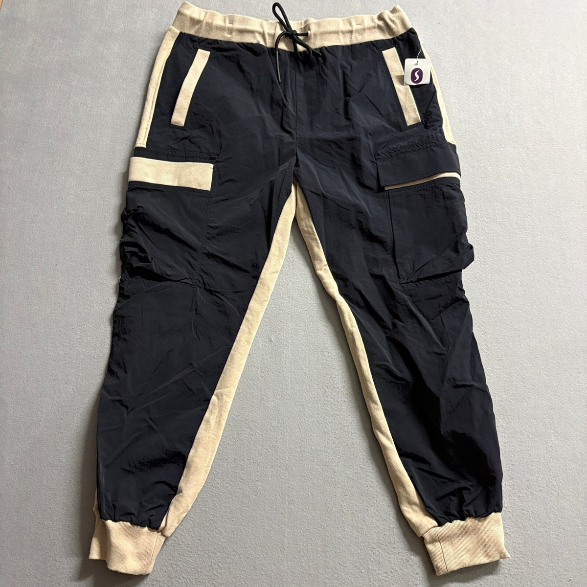 Non Stop Suburbia Cargo Jogger Pants Mens Extra Large XL Black Beige Colorblock