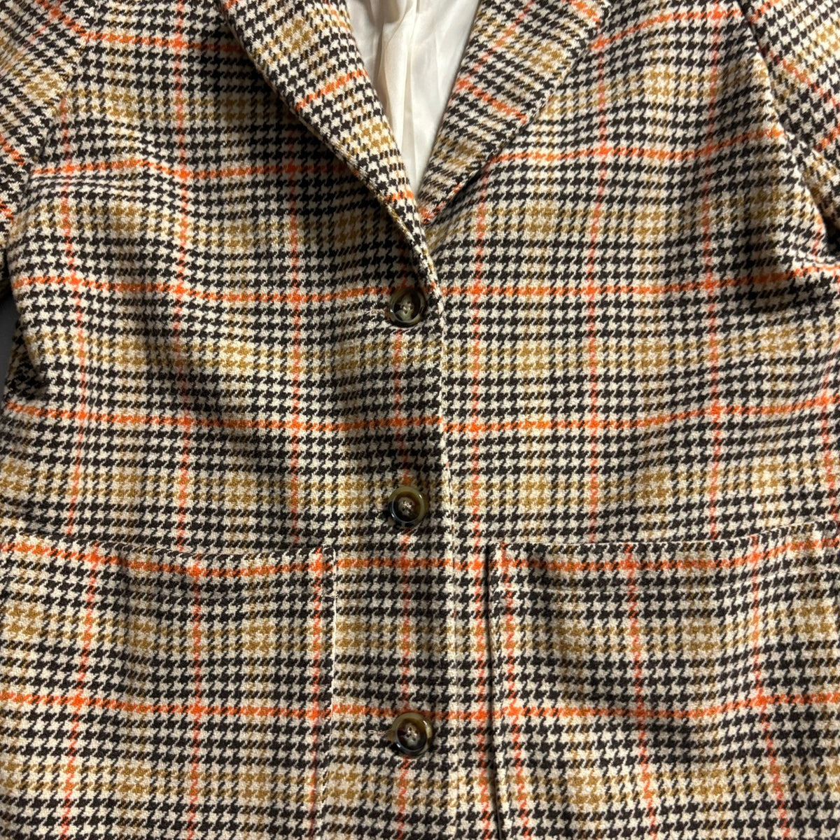 Shein Plaid Blazer Jacket Womens Small Brown Orange Houndstooth Tweed Style Coat