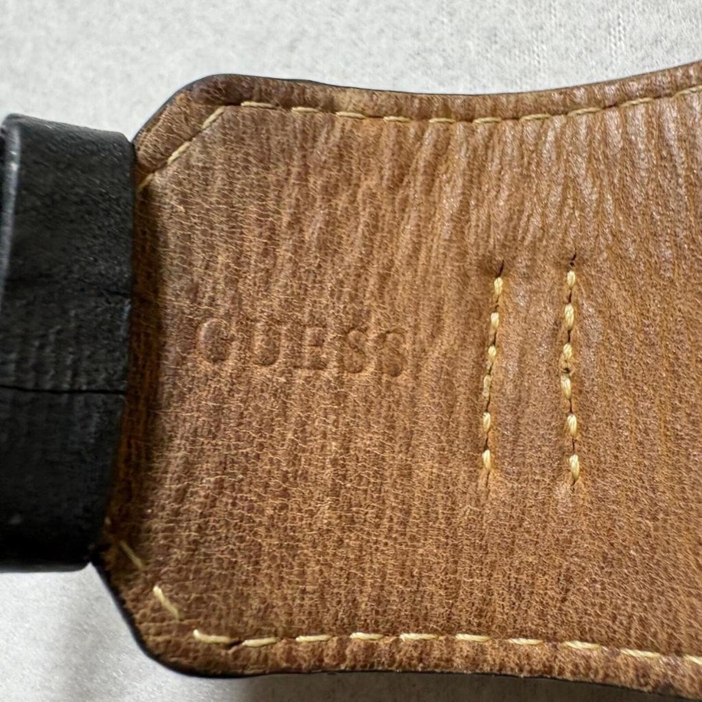 Guess Mens Watch Black Dial Rectangular Silver Case Black Leather Cuff Band