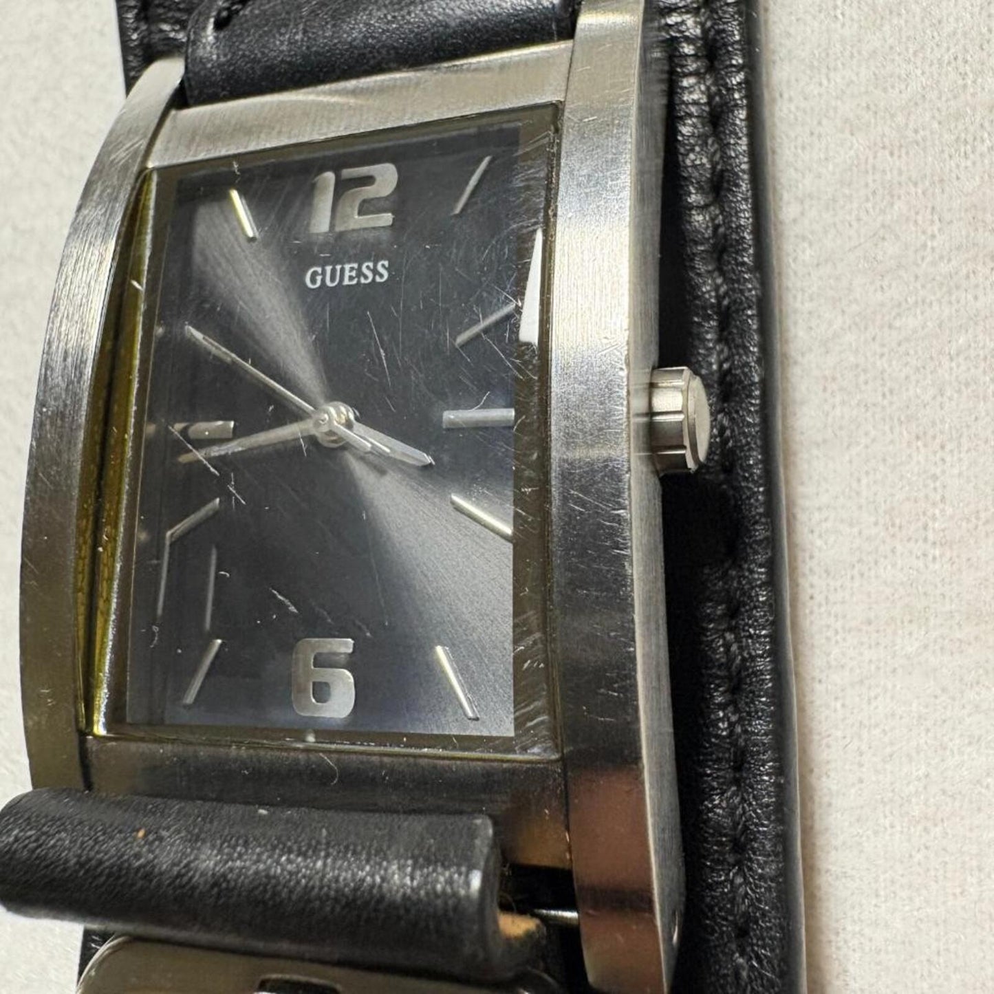 Guess Mens Watch Black Dial Rectangular Silver Case Black Leather Cuff Band