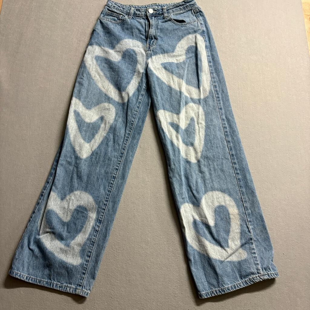 Shein Heart Print Wide Leg Jeans Womens US 4 Blue Denim High Rise Y2K