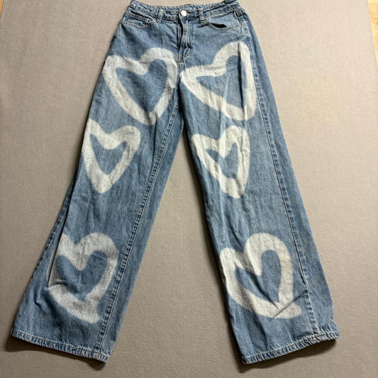 Shein Heart Print Wide Leg Jeans Womens US 4 Blue Denim High Rise Y2K