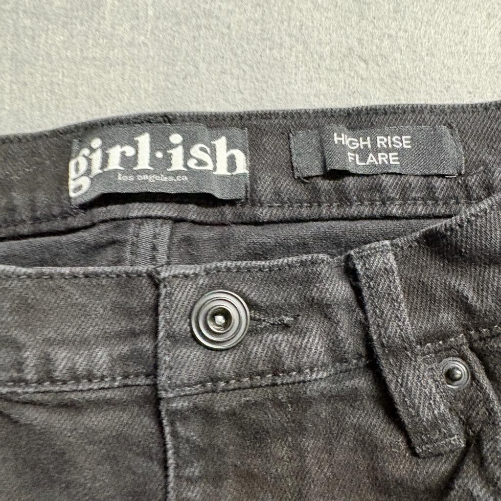 Girl-ish High Rise Flare Jeans Womens Size 9/29 Black Distressed Raw Hem Stretch