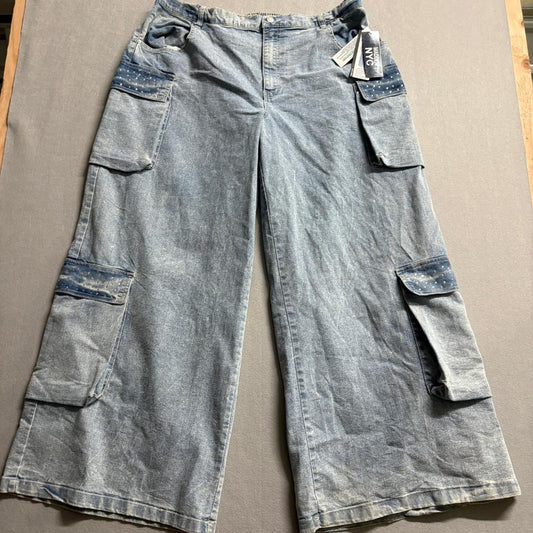 Madden NYC Womens XXL 20 Wide Leg Cargo Jeans Rhinestone High Rise Light Wash