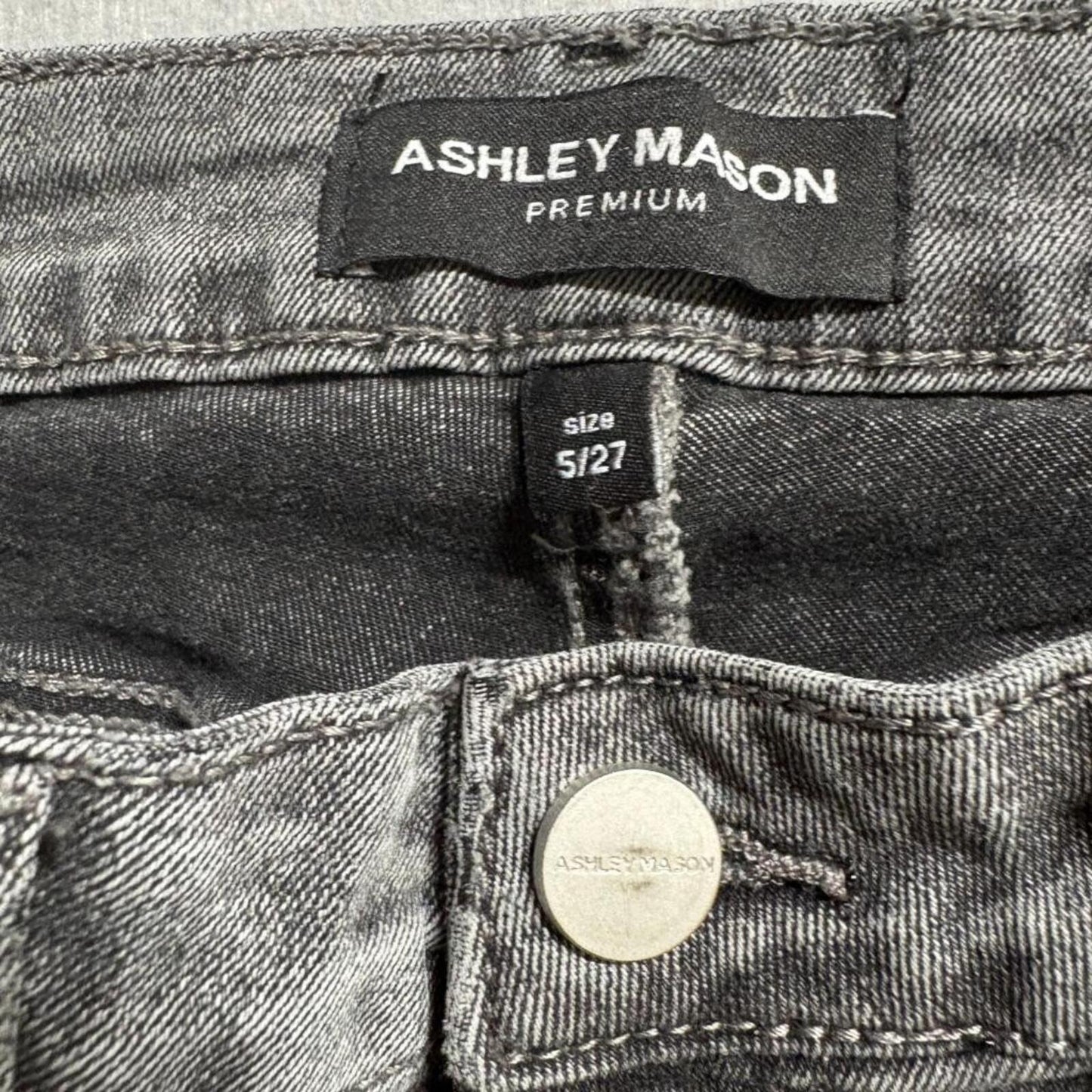 Ashley Mason Premium Cross Patch Flare Jeans Womens Size 5/27 Gray Denim