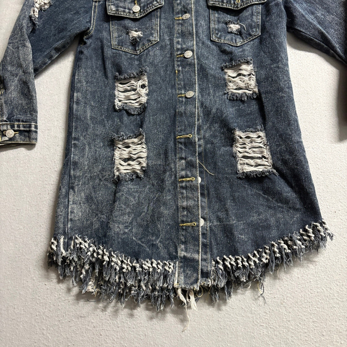 Thrill Jeans Denim Jacket Womens Small Blue Distressed Frayed Longline Shacket