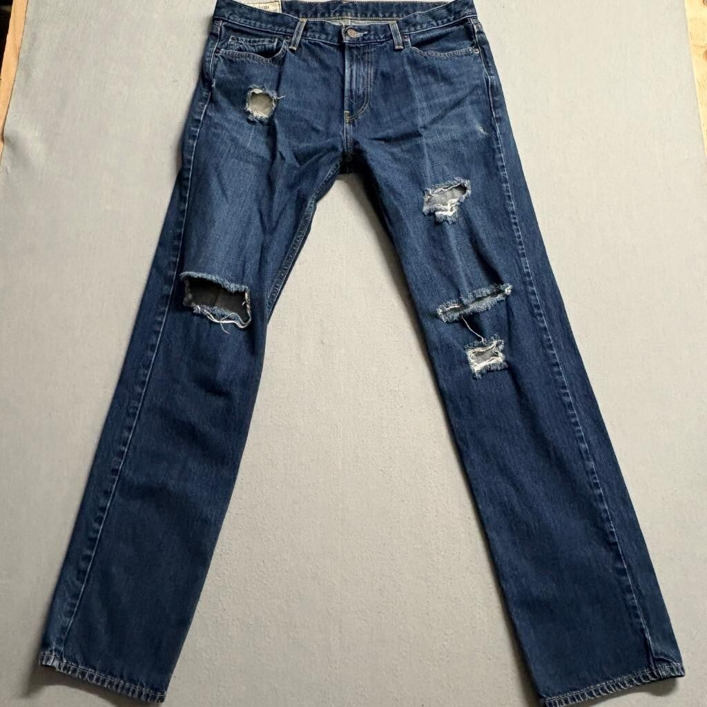 Hollister Classic Straight Jeans Mens 34x34 Blue Denim Distressed Ripped Cotton