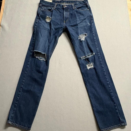 Hollister Classic Straight Jeans Mens 34x34 Blue Denim Distressed Ripped Cotton