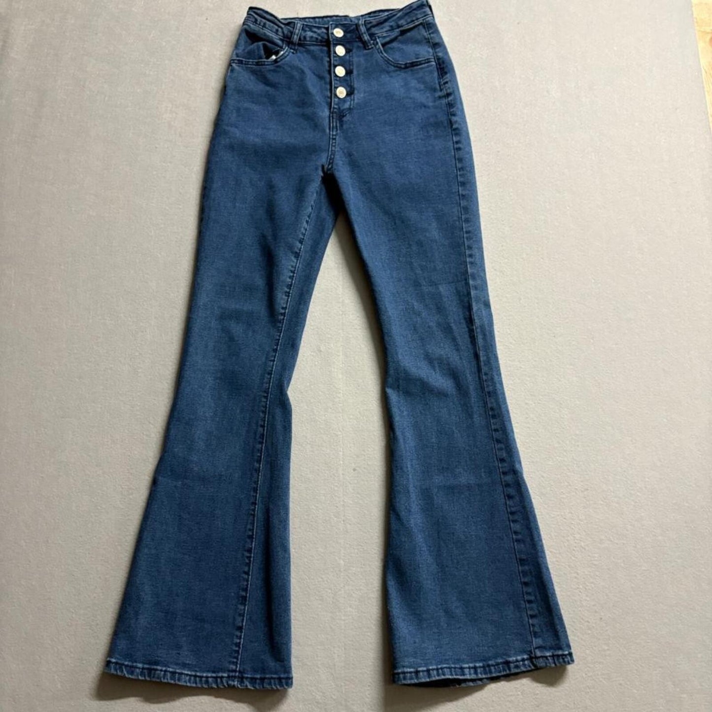 Shein Womens High Rise Flare Jeans Size S Blue Denim Button Fly Stretch Bell