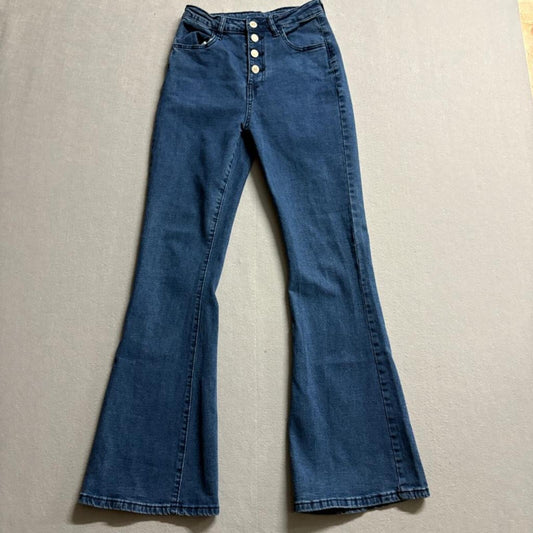 Shein Womens High Rise Flare Jeans Size S Blue Denim Button Fly Stretch Bell