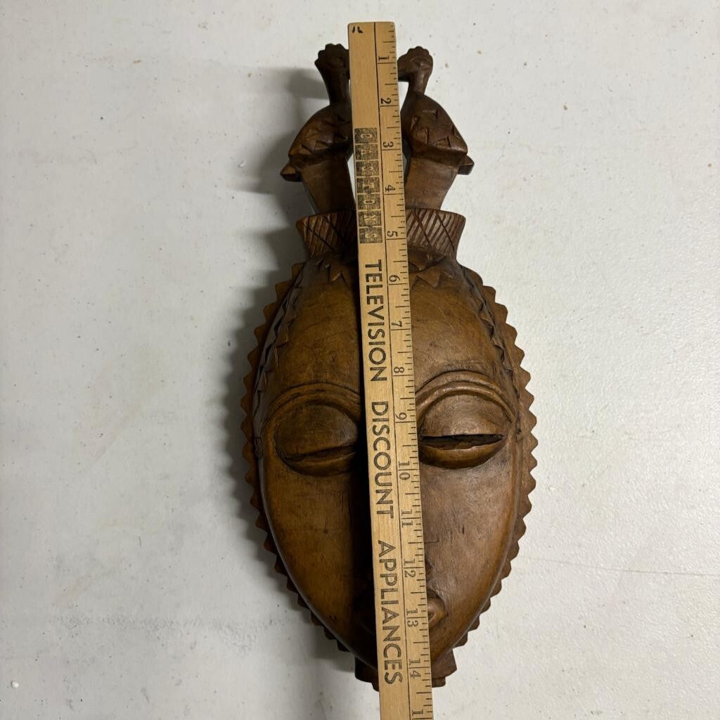 Vintage Hand Carved African Wooden Mask Baule Guro Style Birds Wall Hanging 14"