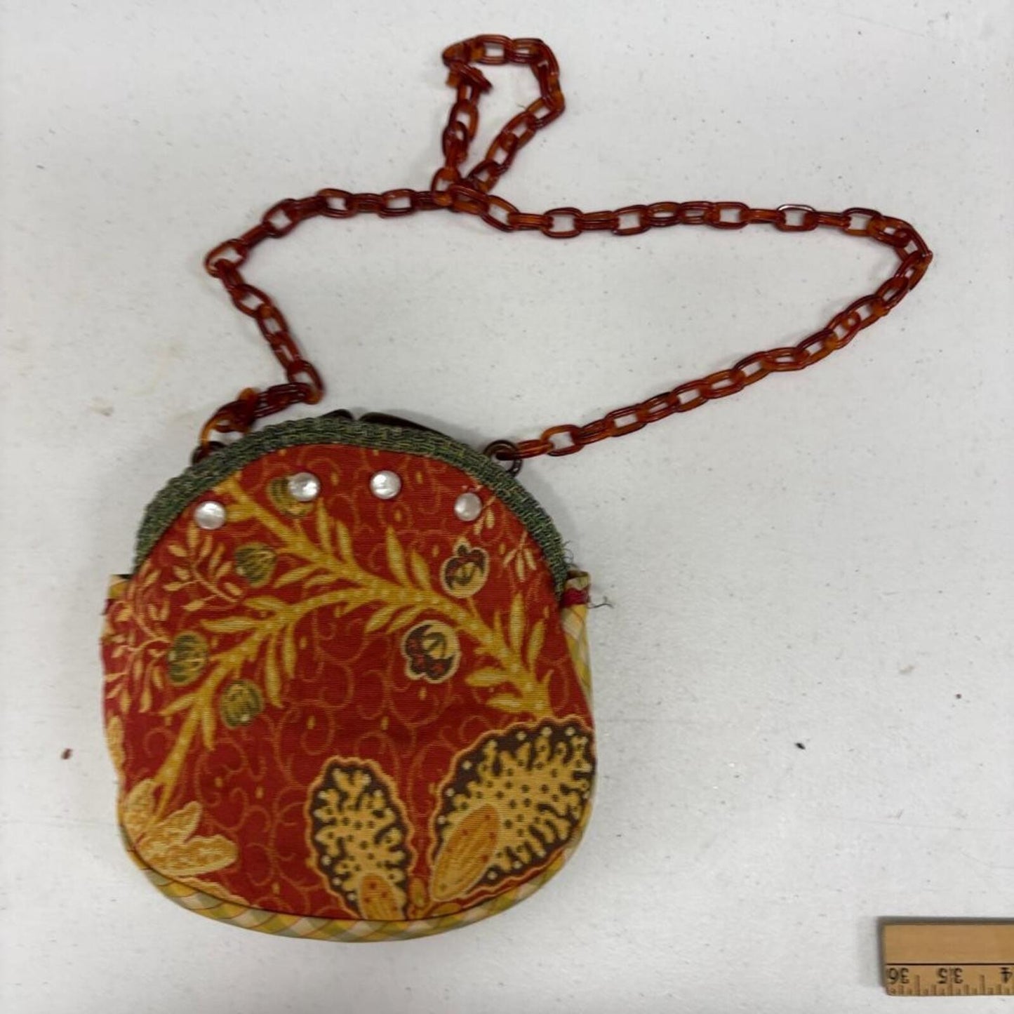 Vintage Handmade Fabric Purse Red Yellow Floral Pattern Tortoiseshell Chain