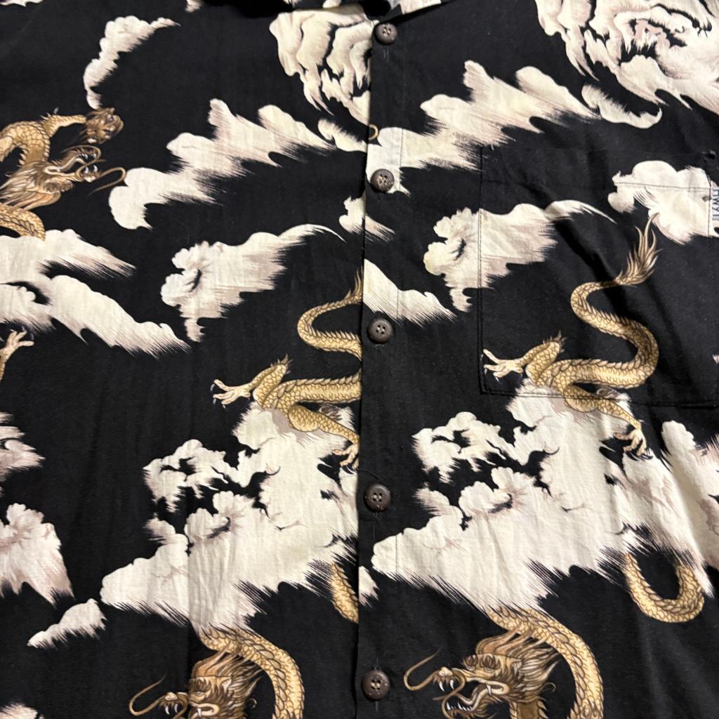 Hwy 1 Vintage Dragon Hawaiian Shirt Mens 3XT Black Gold Clouds Made in USA