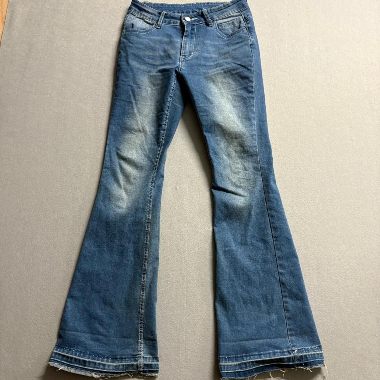 SHEIN Womens Flare Jeans Size US 6 Blue Denim Raw Hem High Rise Stretch