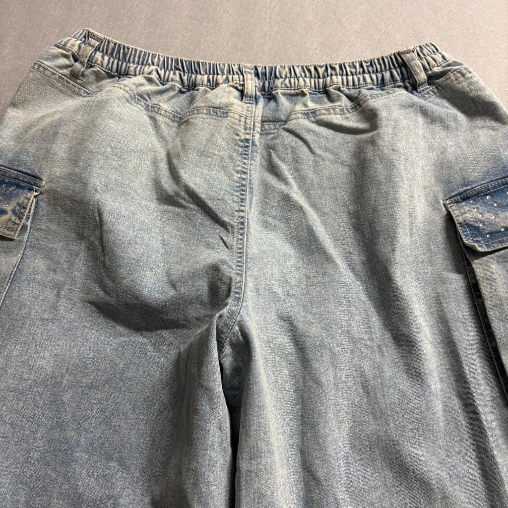 Madden NYC Cargo Jeans Womens XXL 20 Blue Light Wash Rhinestone Wide Leg New