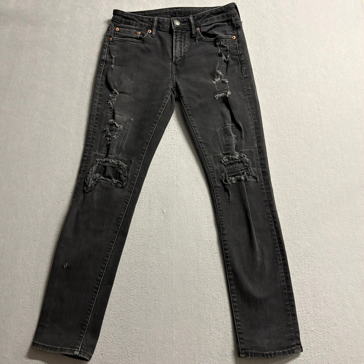 American Eagle Airflex+ Mens Jeans 29x30 Black Distressed Skinny Stretch Denim