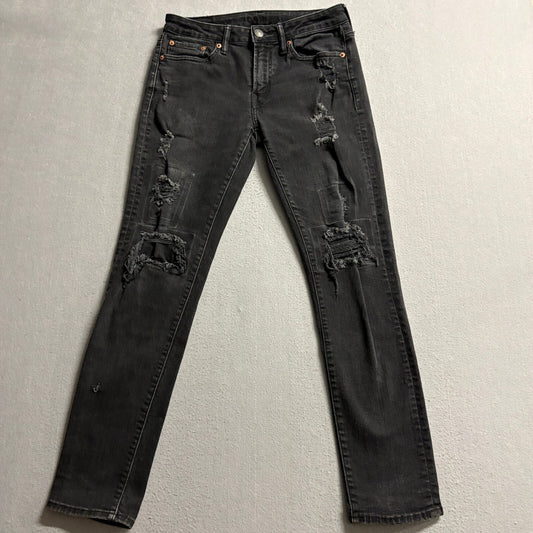 American Eagle Airflex+ Mens Jeans 29x30 Black Distressed Skinny Stretch Denim