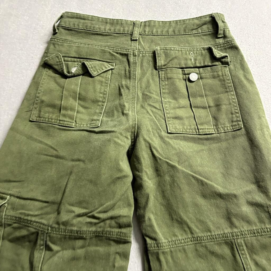Forever 21 Premium Denim Cargo Pants Womens Small Green Cotton Wide Leg Utility