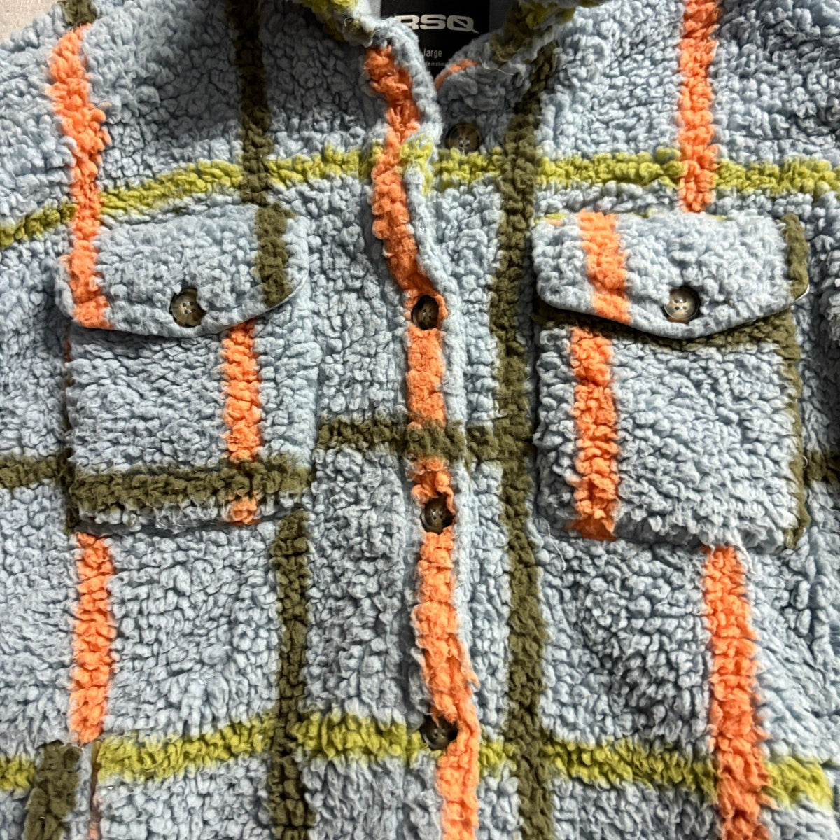 RSQ Sherpa Shacket Womens Large Blue Orange Plaid Fleece Button Up Jacket