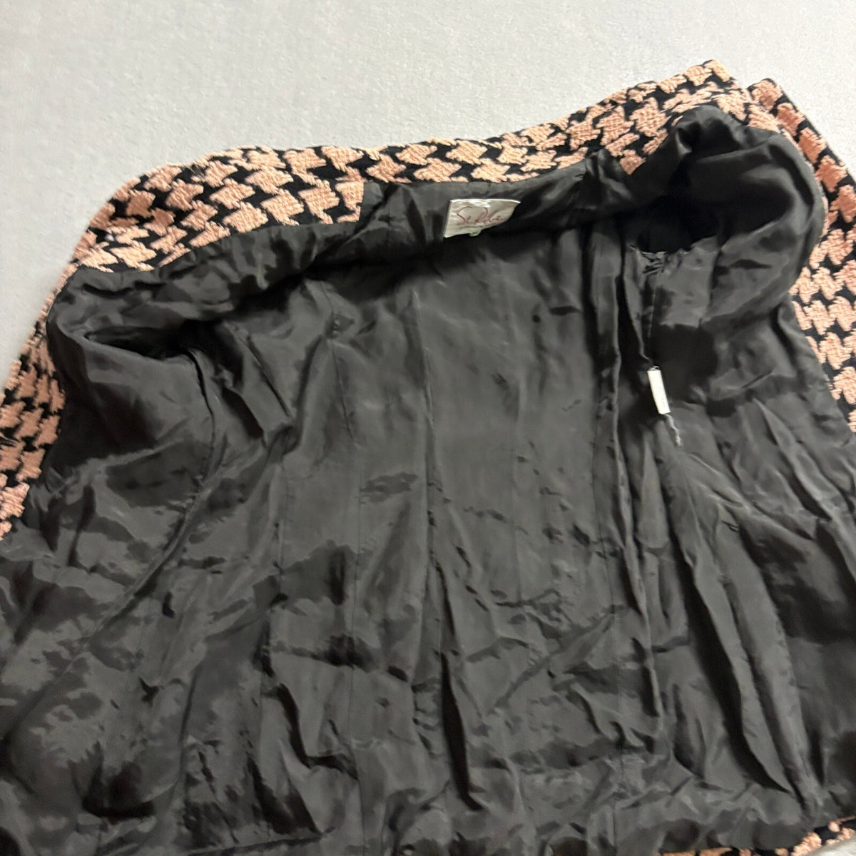 St Robe Sanyo Vintage Wool Blend Houndstooth Jacket Pink Black Tweed Coat Size