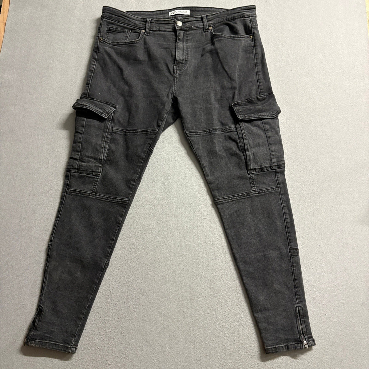 Zara Man Black Denim Skinny Cargo Pants Mens Size 36 Ankle Zip Biker Moto Jeans