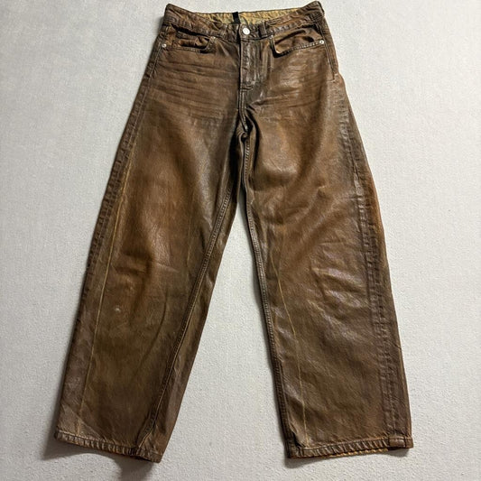 H&M Divided Coated Brown Denim Jeans Womens Size 2 Wide Leg High Rise Waxed Look