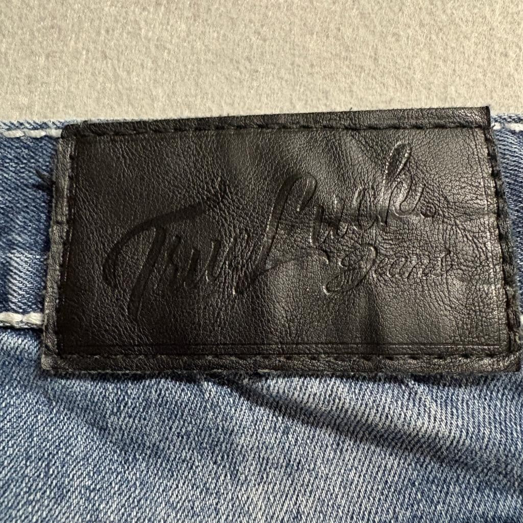 True Luck Jeans Mens 30x30 Blue Denim Thick Stitch Straight Leg Frayed Hem
