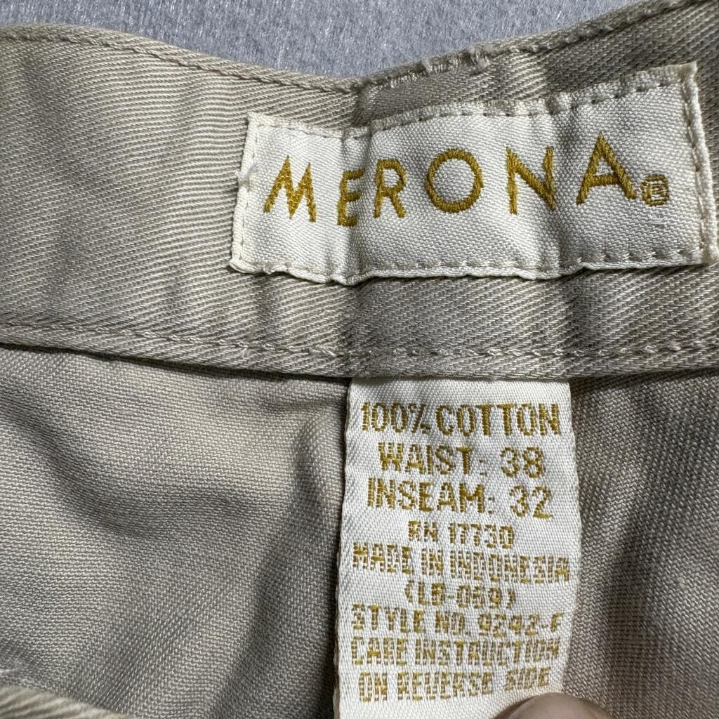 Merona Mens Chino Pants 38x32 Beige Khaki Cotton Flat Front Straight Leg