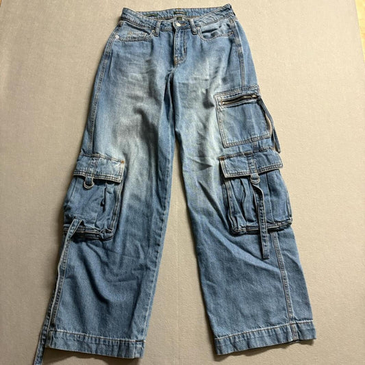 Wild Fable Mid Rise Baggy Cargo Jeans Womens Size 0 Blue Denim Wide Leg Pants