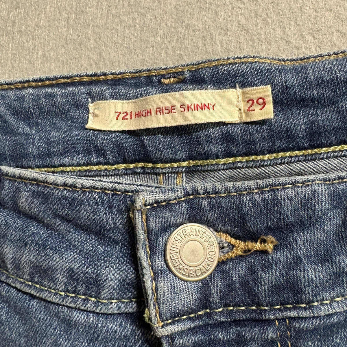 Levis Premium 721 High Rise Skinny Jeans Womens 29 Distressed Raw Hem Blue Denim