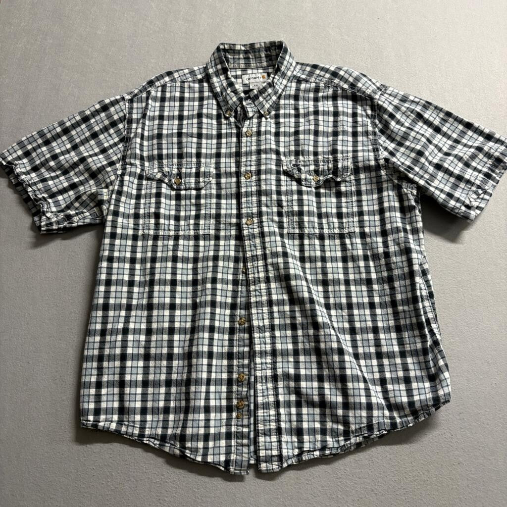 Carhartt Plaid Shirt Mens XXL Blue White Cotton Short Sleeve Button Down