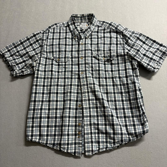Carhartt Plaid Shirt Mens XXL Blue White Cotton Short Sleeve Button Down