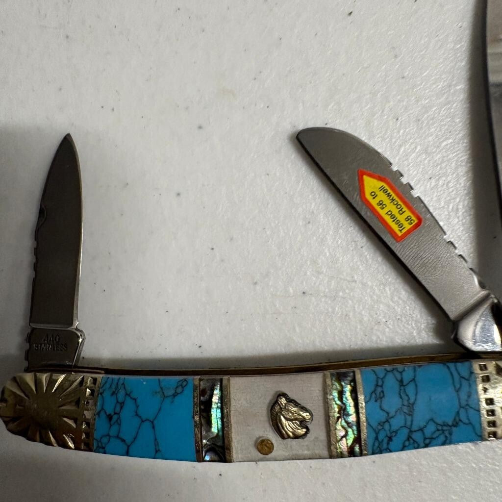 Silverhorse Stoneworks 3 Blade Pocket Knife Turquoise Abalone Pearl Horse Head
