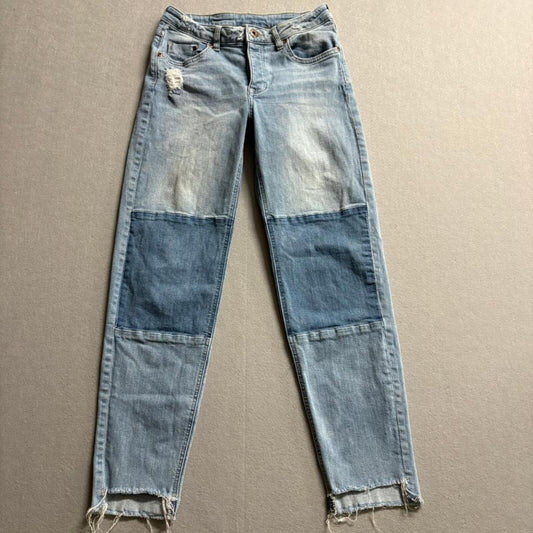 H&M Divided Patchwork Jeans Womens Size 6 Blue Distressed Raw Hem Crop Straight