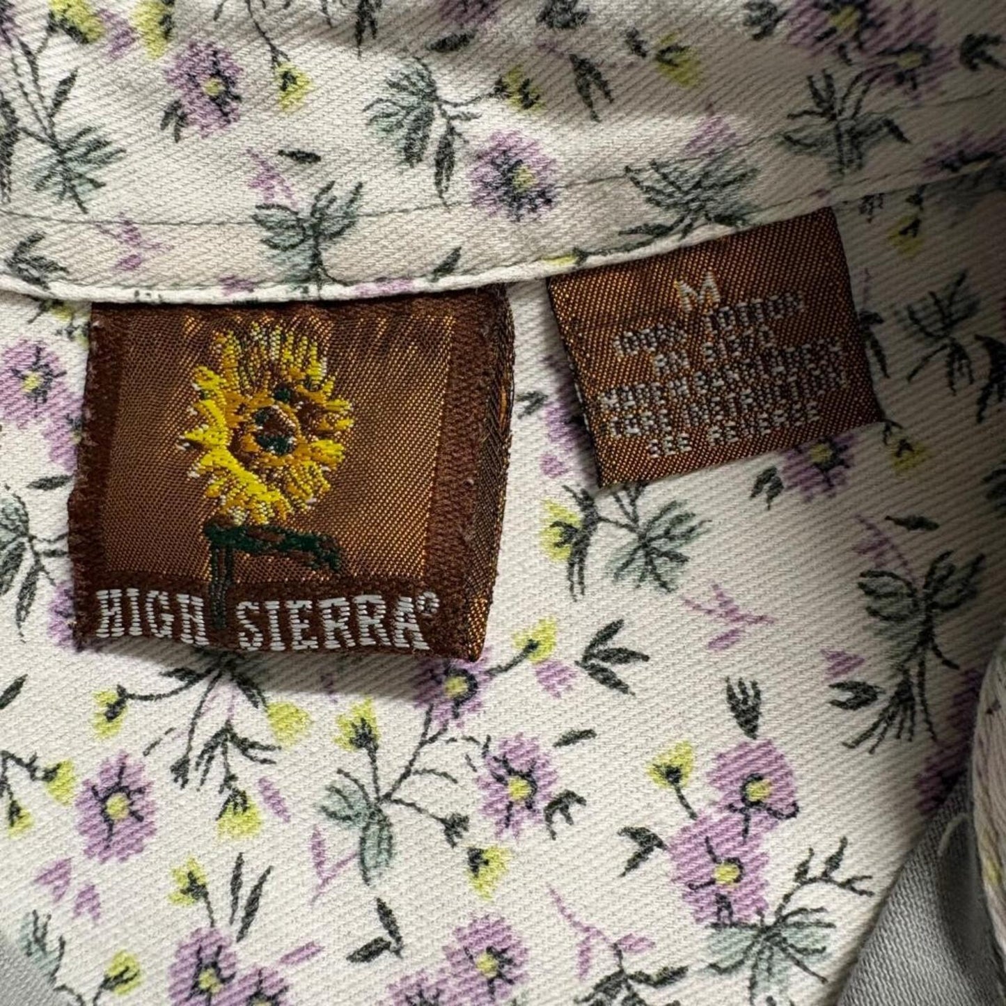 High Sierra Womens Medium Green Twill Button Up Shirt Floral Trim Long Sleeve