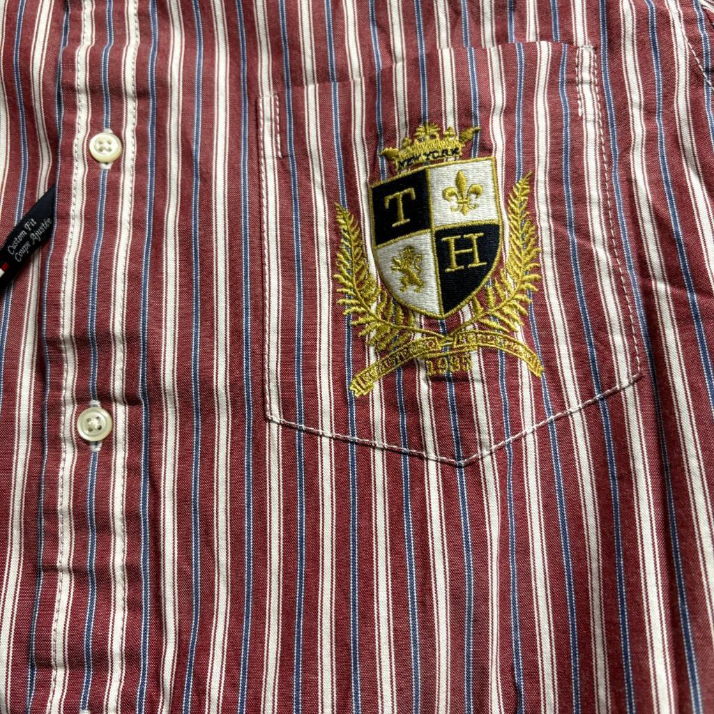 Tommy Hilfiger Shirt Mens Medium Red White Striped Custom Fit Crest Logo Long