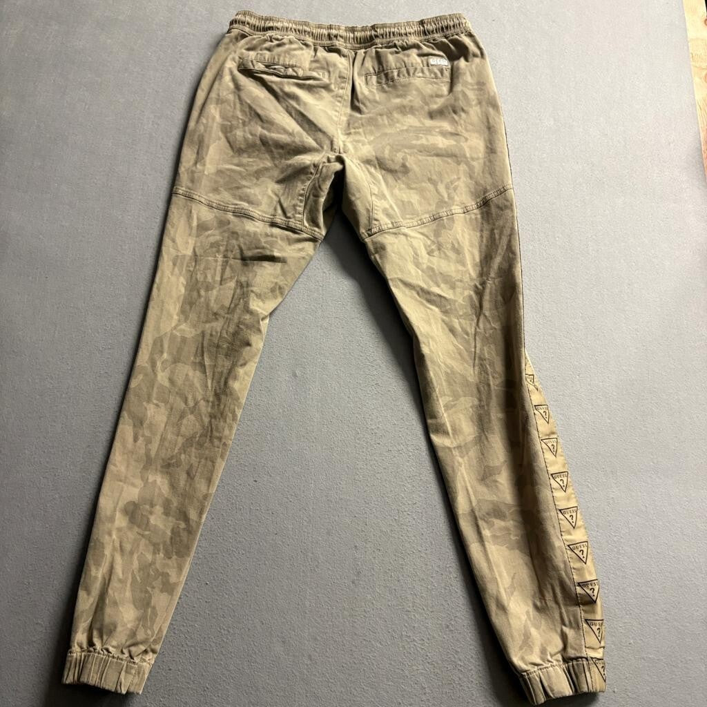 Guess Los Angeles Mens Small Camo Jogger Pants Khaki Logo Tape Side Stripe