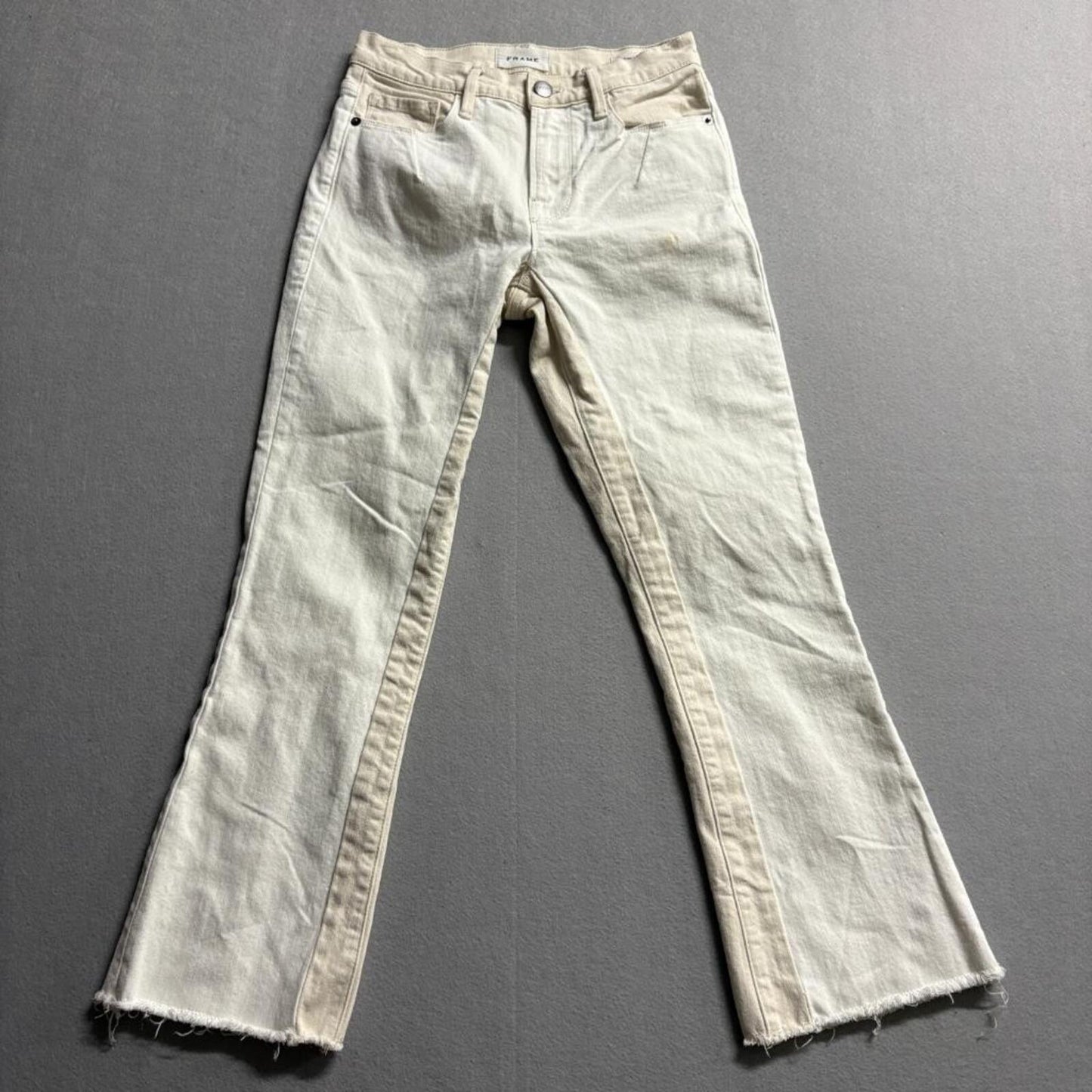FRAME Le Crop Mini Boot Jeans Womens 25 White Beige Colorblock Raw Hem Stretch