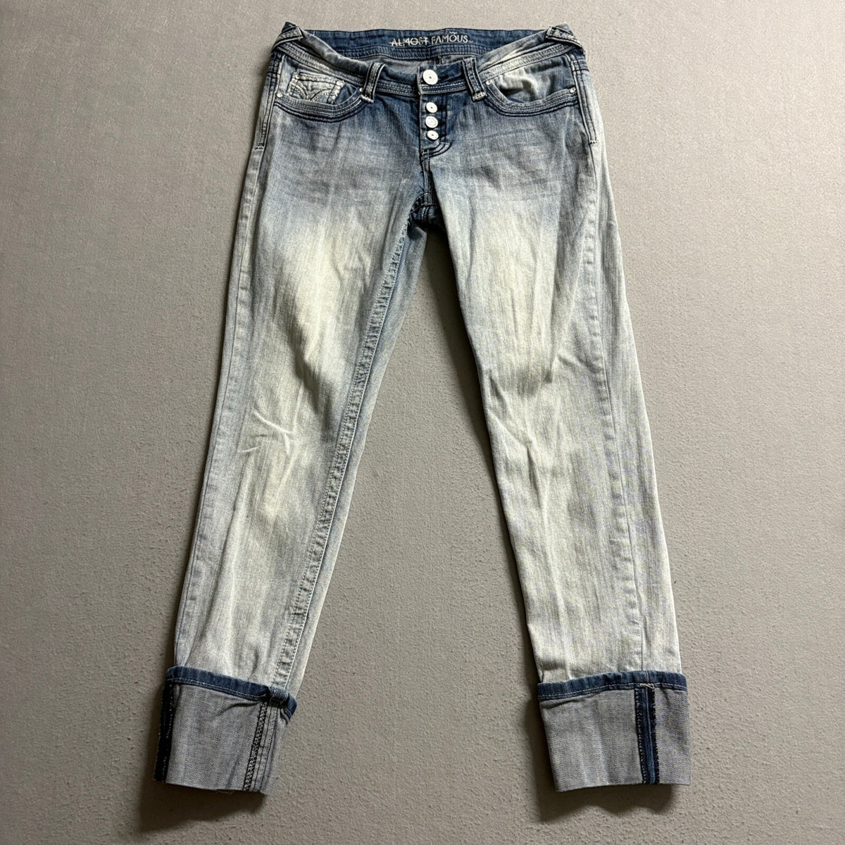 Almost Famous Womens Jeans Size 5 Blue Light Wash Button Fly Cuffed Ankle Denim