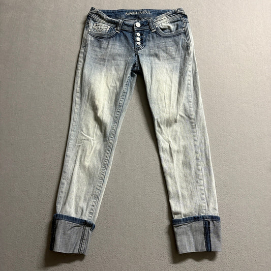 Almost Famous Womens Jeans Size 5 Blue Light Wash Button Fly Cuffed Ankle Denim