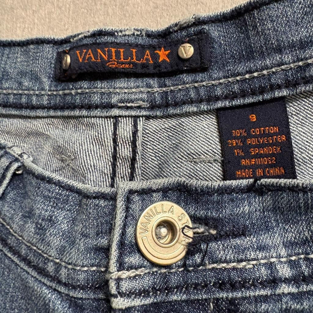 Vanilla Star Jeans Womens 9 Blue Denim Embellished Studded Flap Pocket Bootcut