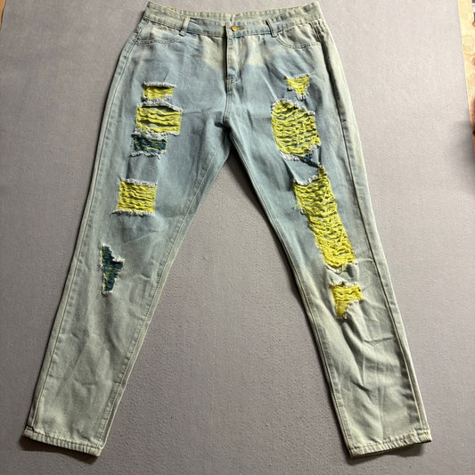 Unbranded Distressed Jeans Mens 3XL Light Wash Yellow Mesh Ripped Denim Pants