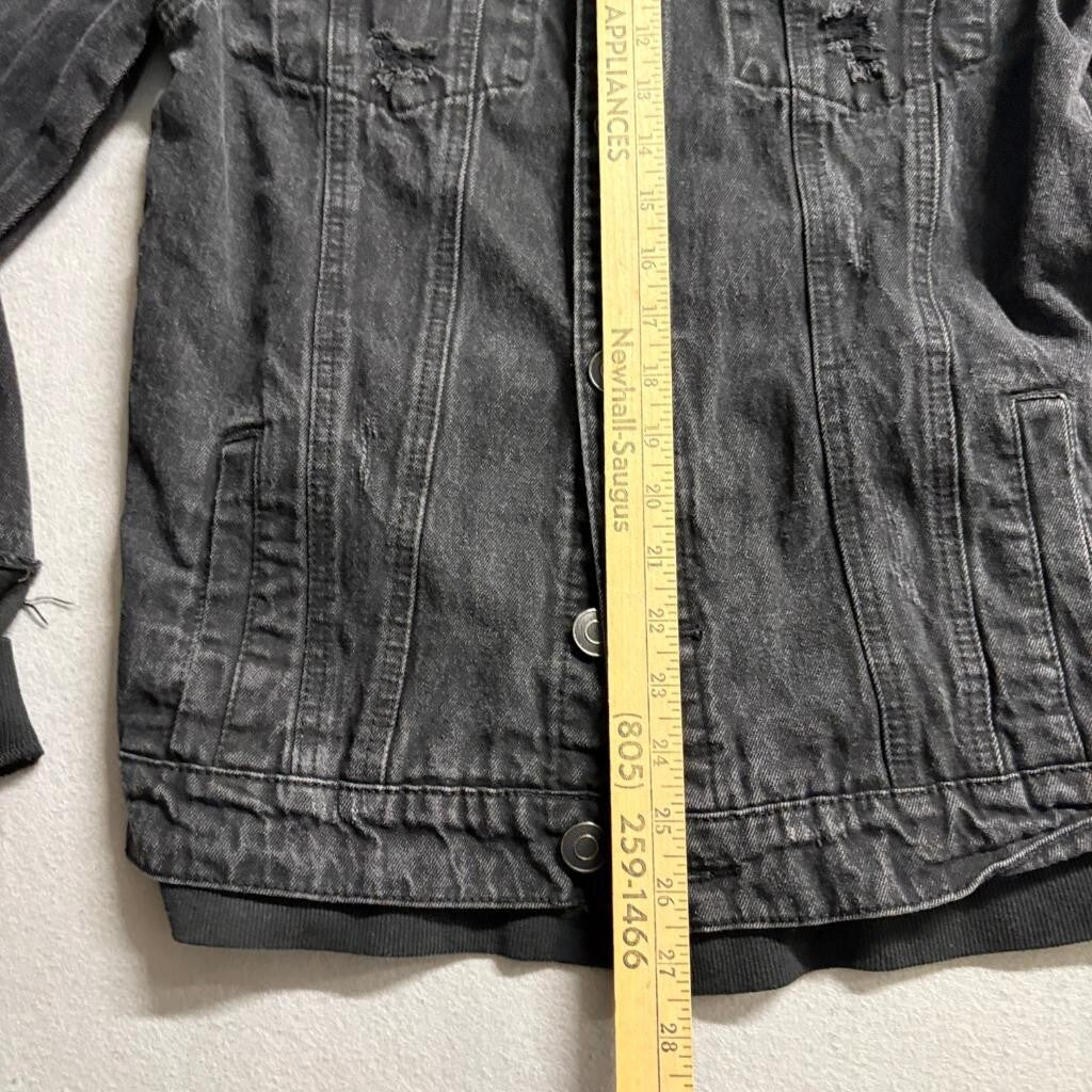 Fashion Nova Men Distressed Denim Jacket Medium Black Ribbed Trim DK140