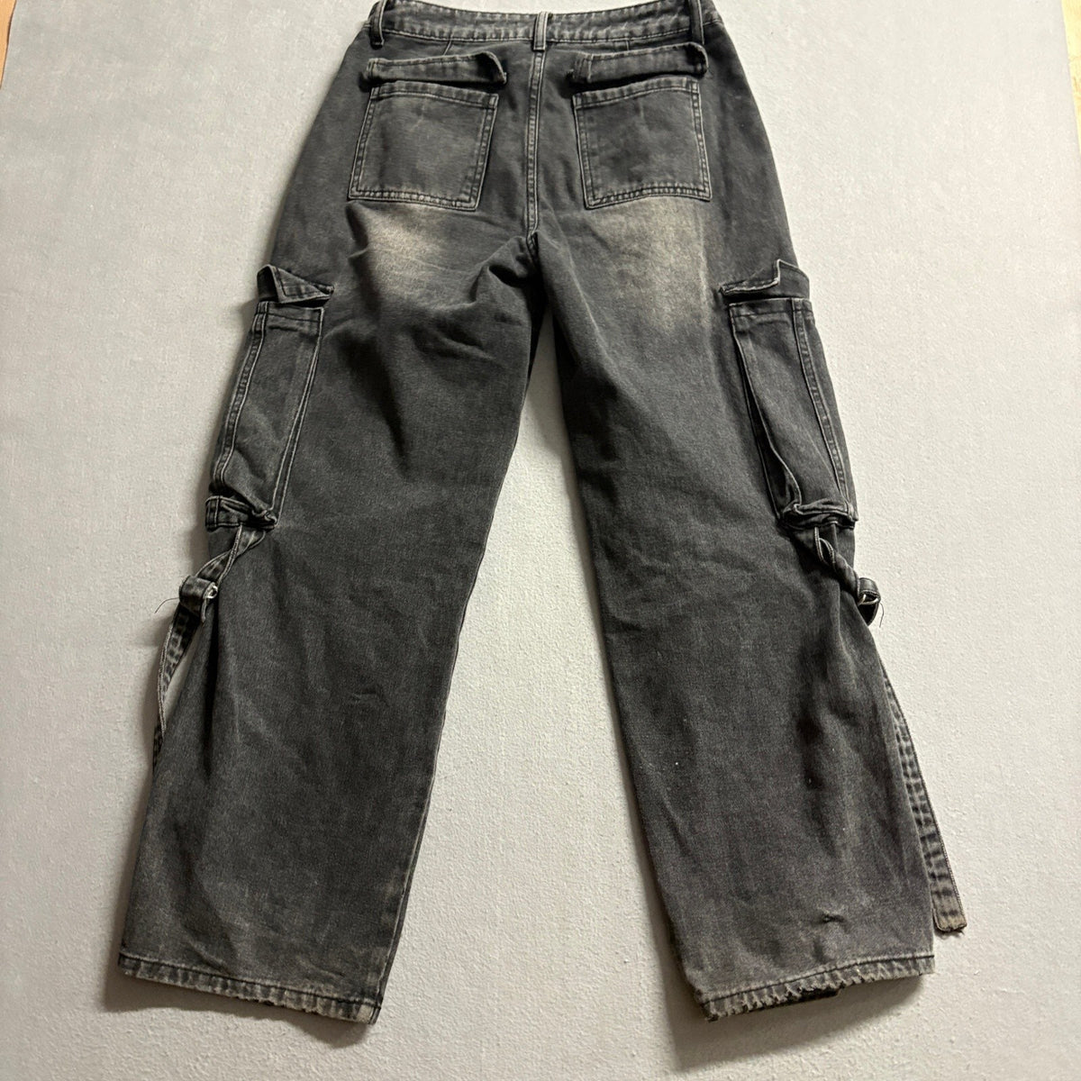 Charlotte Russe Cargo Pants Womens Small Black Denim Wide Leg Utility Strap Y2K
