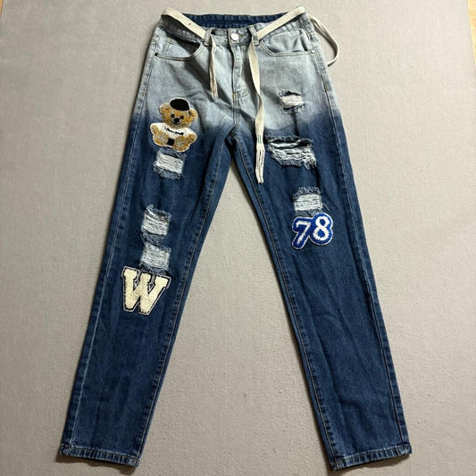 ClassicB Distressed Patchwork Jeans Womens Size 28 Ombre Blue Bear Varsity 78