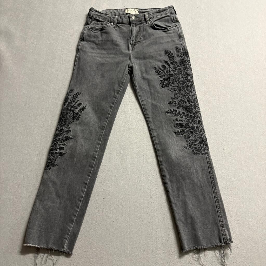 We The Free Free People Embroidered Jeans Womens 26 Gray Raw Hem Floral Crop
