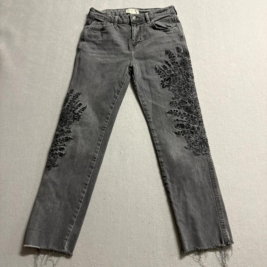 We The Free Free People Embroidered Jeans Womens 26 Gray Raw Hem Floral Crop