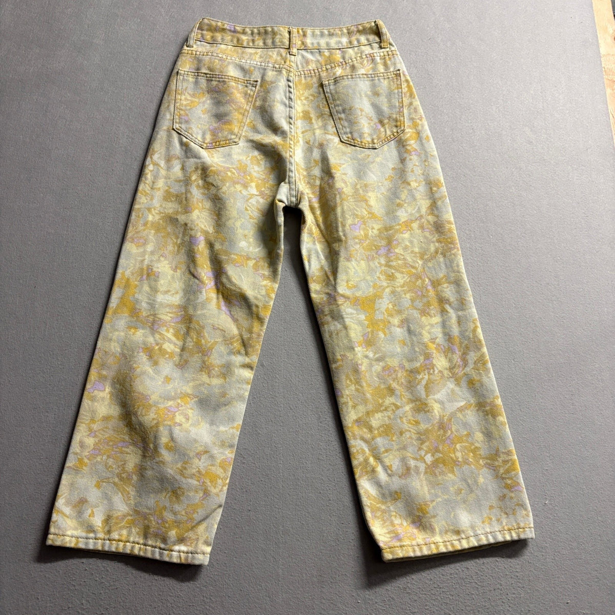 Unbranded Floral Acid Wash Jeans Womens L Yellow Purple High Rise Wide Leg