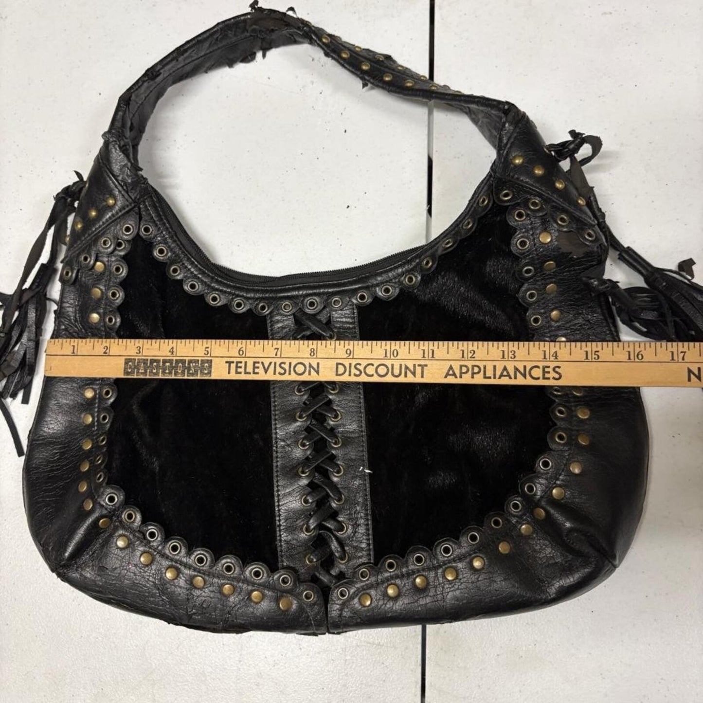 Vintage Black Faux Leather Hobo Bag Studded Grommet Lace Up Fringe Punk Goth