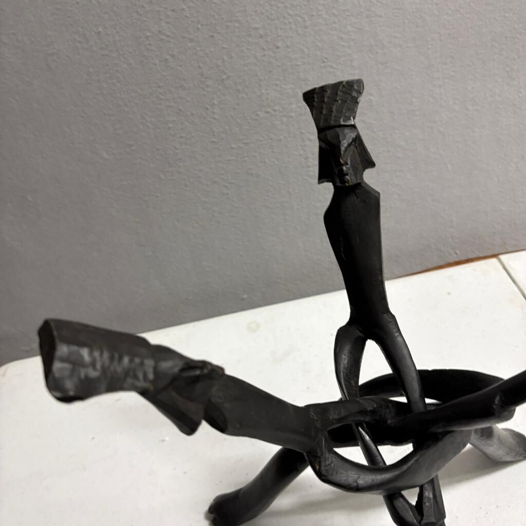 Vintage Hand Carved African Interlocking Wood Tripod Stand 3 Legged Folding 12in